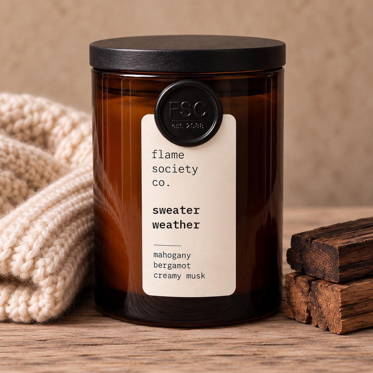 Sweater Weather 10oz Amber Jar Candle | Limited Edition Fall Candle, Black Wood Lid | Bergamot, Mahogany, Creamy musk