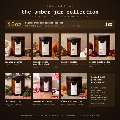 Sweater Weather 10oz Amber Jar Candle | Limited Edition Fall Candle, Black Wood Lid | Bergamot, Mahogany, Creamy musk