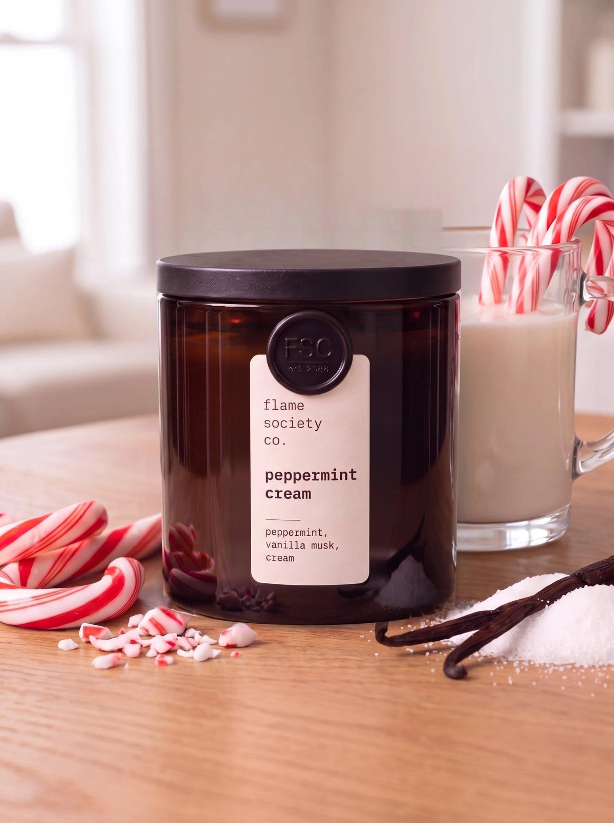 Peppermint Cream 10oz Amber Jar Candle | Limited Edition Holiday Candle, Black Wood Lid | Peppermint, Candy cane, Whipped vanilla