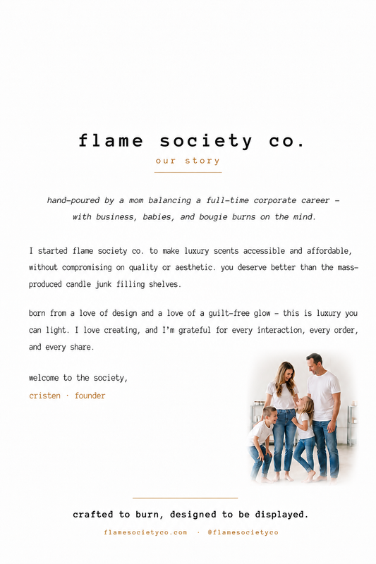 A white square card or poster with printed text reading 'flame society co. our story' and several paragraphs of black and orange text, plus a small photo of three people standing in a room at the lower right.