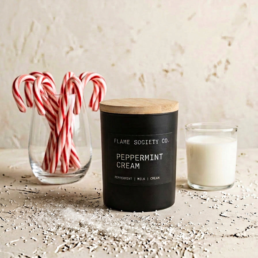 Peppermint Cream holiday candle — candy cane and vanilla — Flame Society Co.