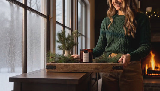 "peppermint crea  hand-poured luxury candle in glass vessel beside a side table at a party in the fall with a gold wick snuffer on marble surface — splitting to a scene of the black version of the candle being lit on the bathtub side table to wind down."


