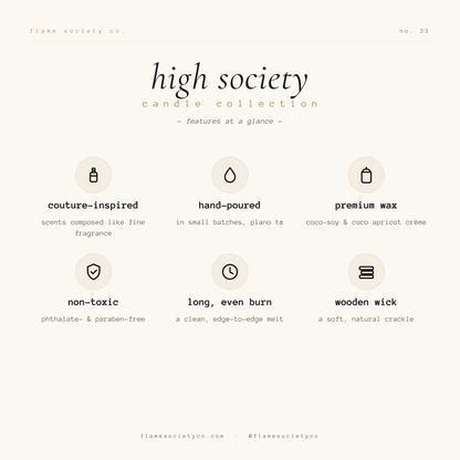 The High Society Candle Collection by Flame Society Co. — product features and quality details.