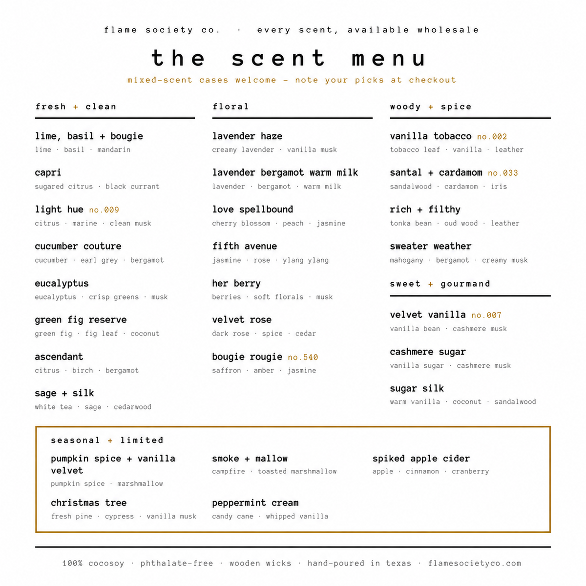 Flame Society Co. scent menu — every Big + Bougie fragrance with its notes, fresh + clean, floral, woody + spice, sweet + gourmand, and seasonal