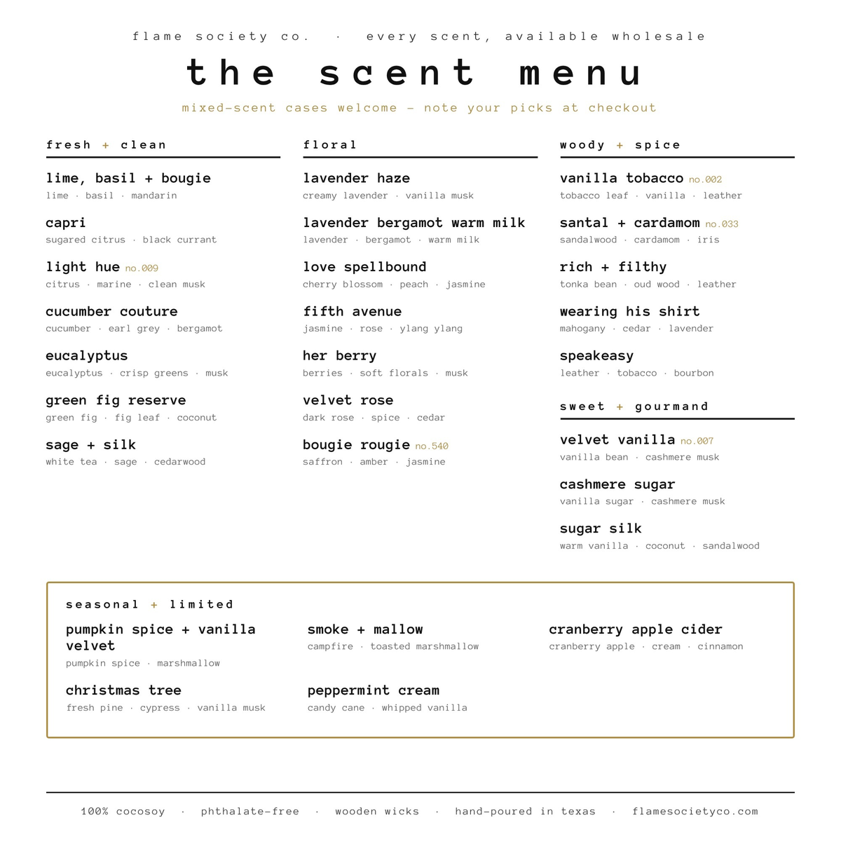 Flame Society Co. scent menu - every fragrance with its notes: fresh + clean, floral, woody + spice, sweet + gourmand, and seasonal