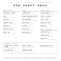 Flame Society Co. scent menu - every fragrance with its notes: fresh + clean, floral, woody + spice, sweet + gourmand, and seasonal