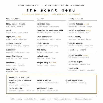 Flame Society Co. scent menu — every Big + Bougie fragrance with its notes, fresh + clean, floral, woody + spice, sweet + gourmand, and seasonal