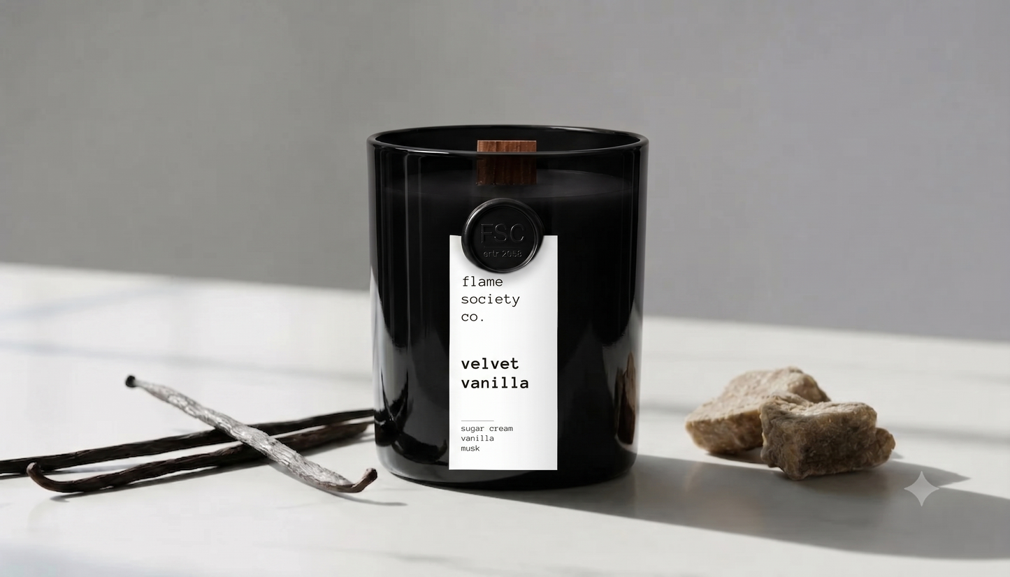 A black glass jar candle with a white label reading 'flavour society co. velvet vanilla' sits on a white surface with vanilla beans and small stones beside it in a minimalist indoor setting.