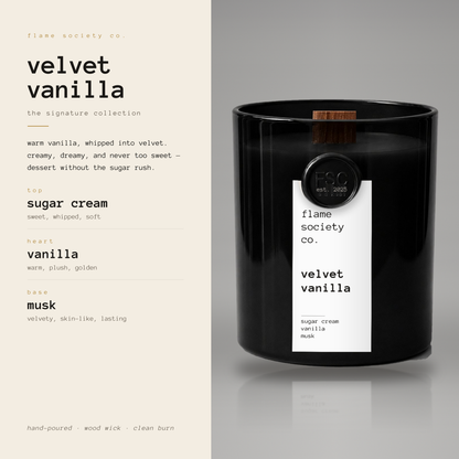 A black candle jar labeled 'velvet vanilla' by flame society co., shown beside a cream-colored scent card listing notes like sugar cream, vanilla, and musk.