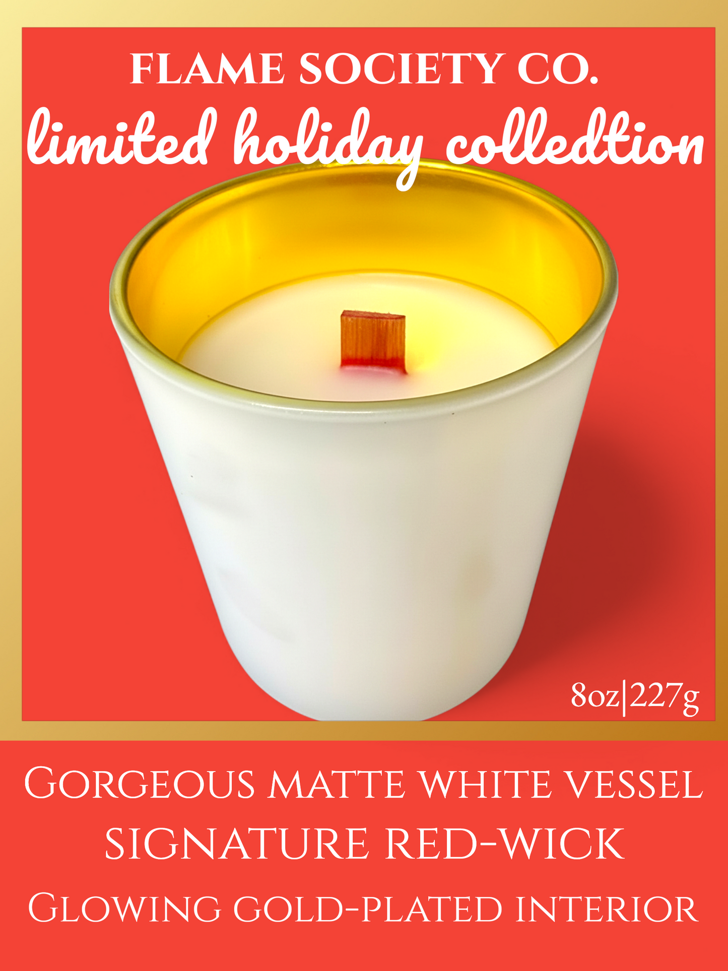 Christmas Tree Holiday Candle: 8oz White/Gold Vessel with Red Wooden Wick, 4oz Wax Melts & Mini Candles