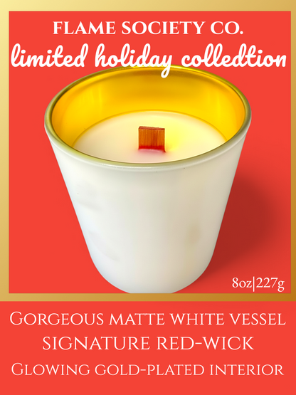 Christmas Tree Holiday Candle: 8oz White/Gold Vessel with Red Wooden Wick, 4oz Wax Melts & Mini Candles