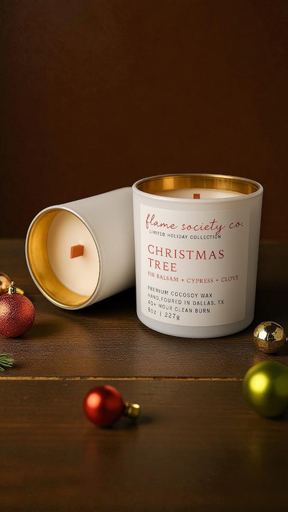 Christmas Tree Holiday Candle: 8oz White/Gold Vessel with Red Wooden Wick, 4oz Wax Melts & Mini Candles